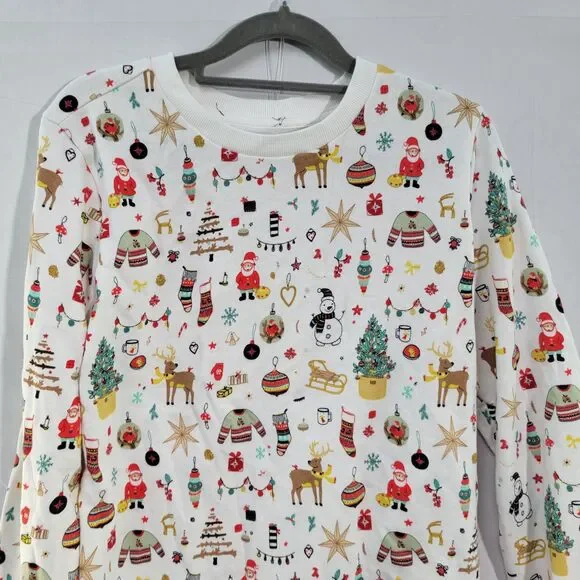Christmas Style Print Pattern White Sweater Long Sleeves Crew Neck Women's Sz M - Picture 5 of 7